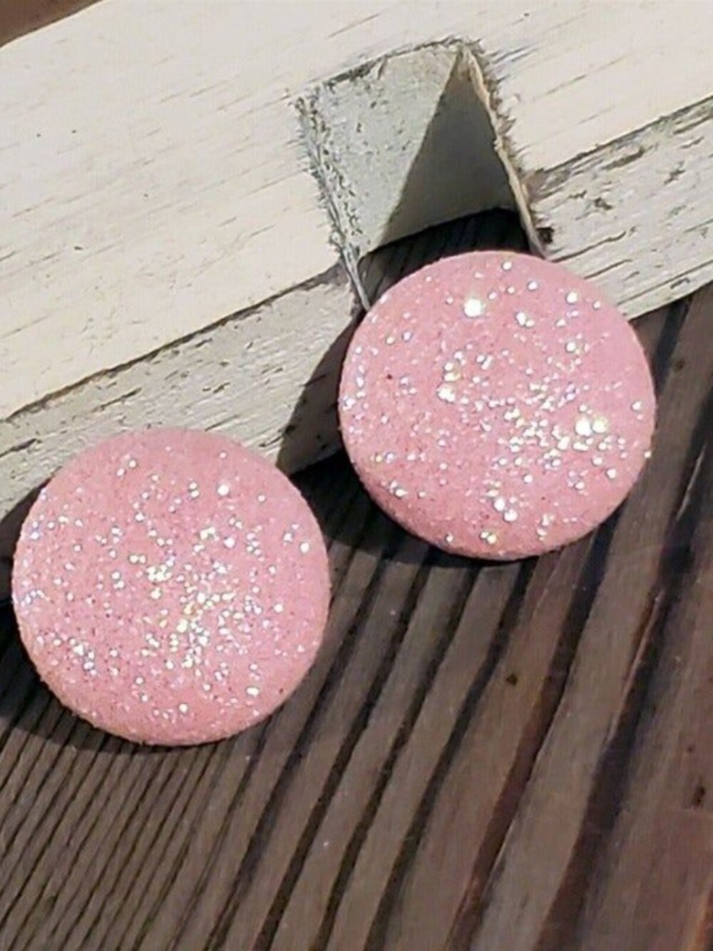 Light Pink Fabric Button Earrings Retro 80s Club Glam Disco Sparkly - Picture 7 of 9